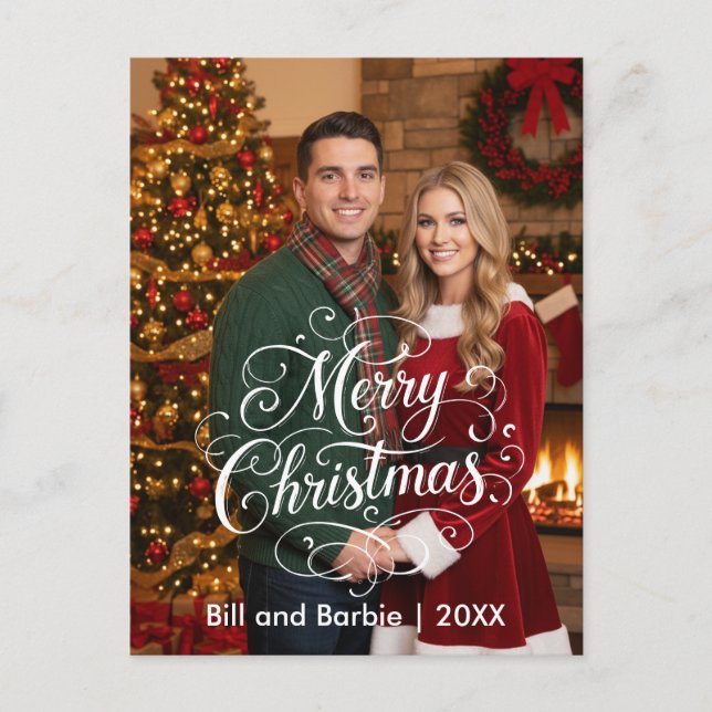 Postal Festiva Script Merry Christmas Couples Photo Front (Anverso)