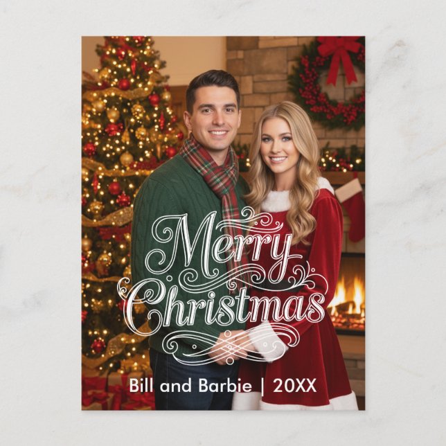 Postal Festiva Script Merry Christmas Couples Photo Front (Anverso)