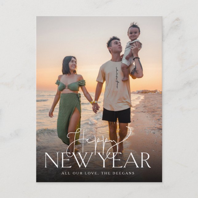 Postal Festiva Script y Sans Flat New Years Postcard Vertical (Anverso)