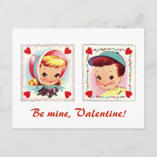 Postal Festiva Sé mi Valentine retro niño y Chica