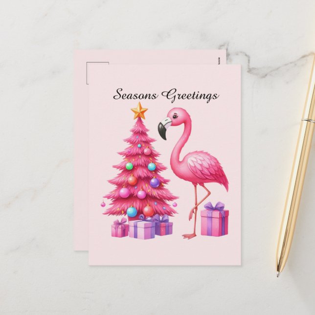 Postal Festiva Seasons Greetings flamingo rosa (Anverso/Reverso In Situ)