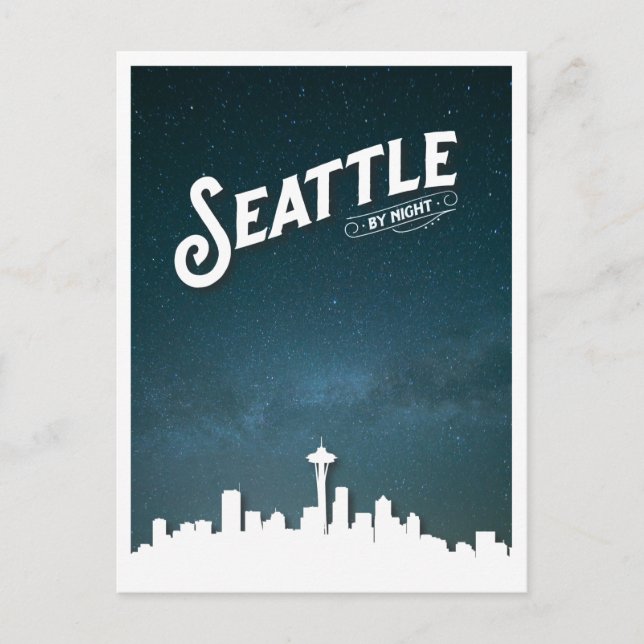 Postal Festiva Seattle por Night Skyline - Washington, Estados Un (Anverso)