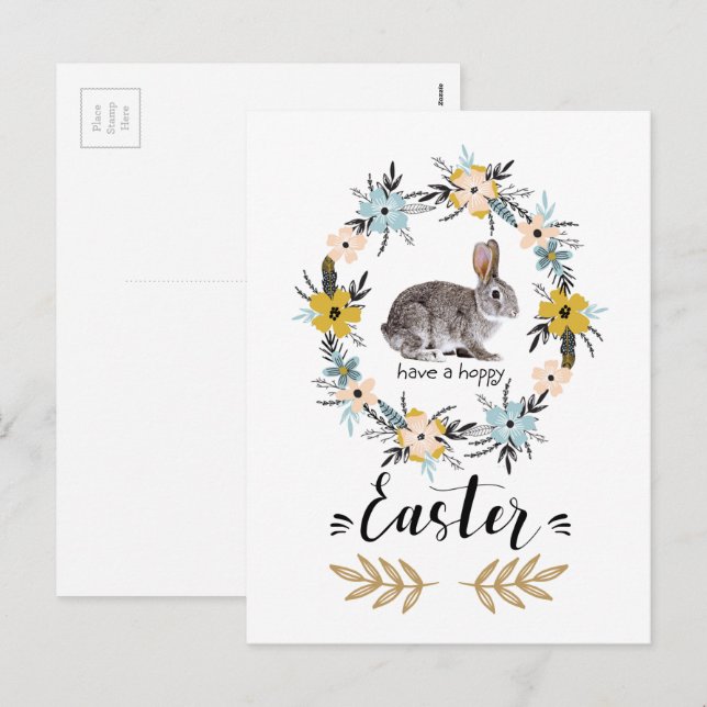 Postal Festiva Semana Santa. Conejo de Pascua y Flores de Primave (Anverso / Reverso)