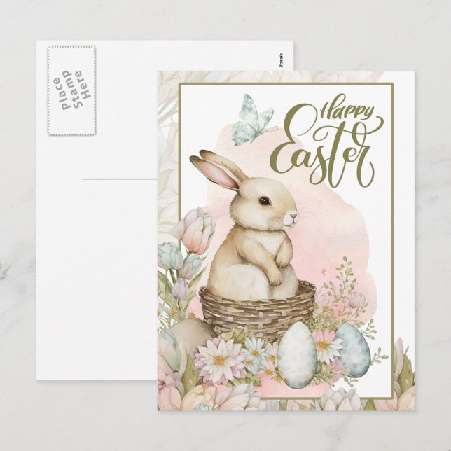 Postal Festiva Semana Santa. Conejo y Huevos (Anverso / Reverso)