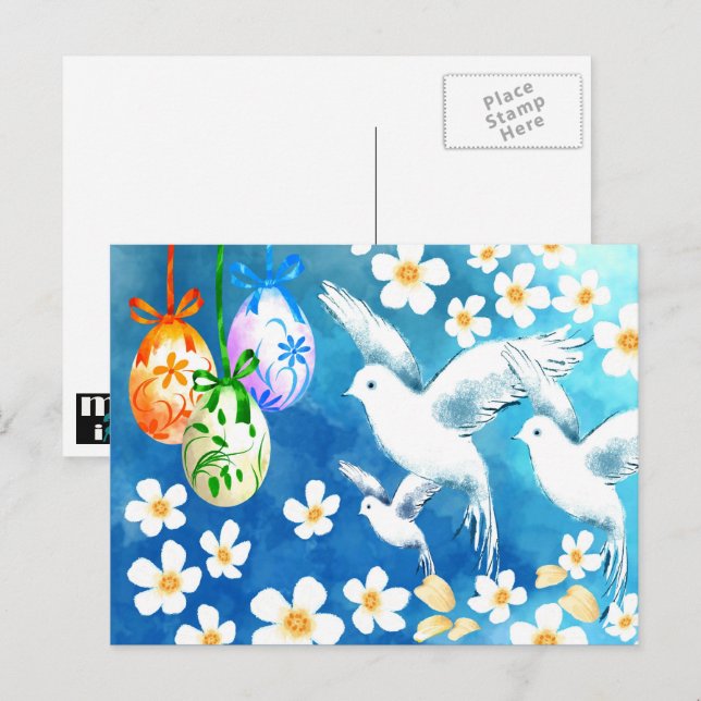 Postal Festiva Semana Santa. Huevos de Pascua y pintura de paloma (Anverso / Reverso)