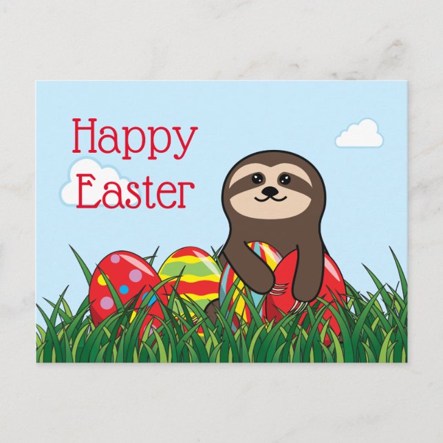 Postal Festiva Semana Santa Sloth y Huevos Feliz Pascua (Anverso)