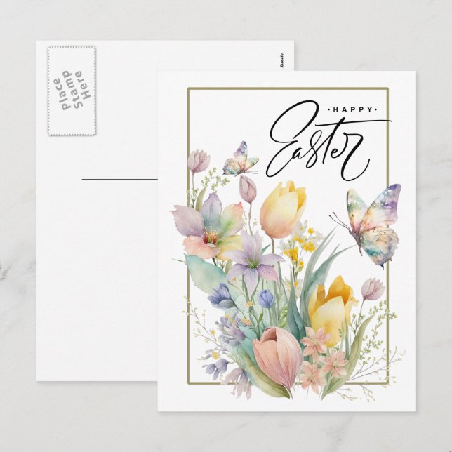 Postal Festiva Semana Santa. Tulipanes acuarelas y mariposa (Anverso / Reverso)