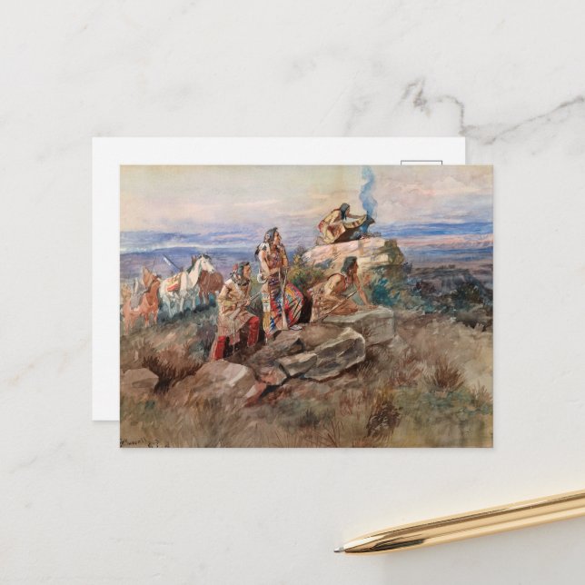 Postal Festiva Señal de humo de Charles Marion Russell (Anverso/Reverso In Situ)