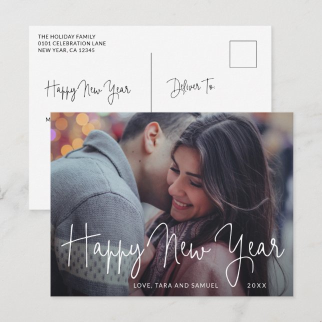 Postal Festiva Sencilla y elegante foto de guión de Año Nuevo Mod (Anverso / Reverso)