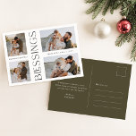 Postal Festiva Sencillos Navidades familiares bendiciendo Collage<br><div class="desc">Esta postal de vacaciones de Collage de fotos de Bendición para Navidades Familiares Sencillos combina elegancia y personalización para el perfecto saludo de vacaciones. Con cuatro fotos familiares en un diseño limpio y minimalista, destaca sus preciados recuerdos mientras ofrece un toque moderno con su mensaje vertical "Blessings" con elegantes letras...</div>