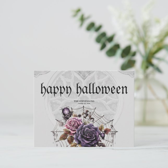 Postal Festiva Sencillos rosas góticos y fiesta de Halloween con  (Anverso de pie)