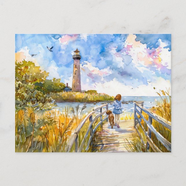 Postal Festiva Sendero de faro con acuarela de niño y perro (Anverso)