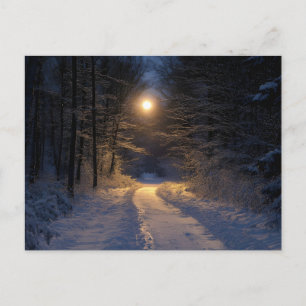 Postal Festiva Sendero nevado iluminado por la luna en el bosque