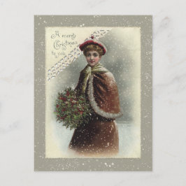Postal Festiva Señora de la Vintage en la Nieve con saludo de Nav