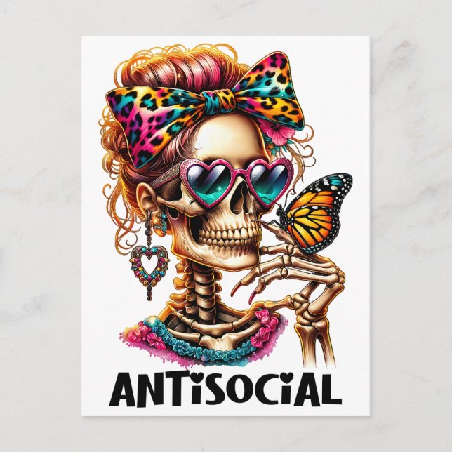Postal Festiva Señora del Skeleton Antisocial (Anverso)