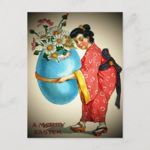 Postal Festiva Señora japonesa del vintage, florero del huevo con