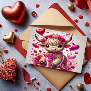 Postal Festiva Sentidos dulces Highland Cow Valentines