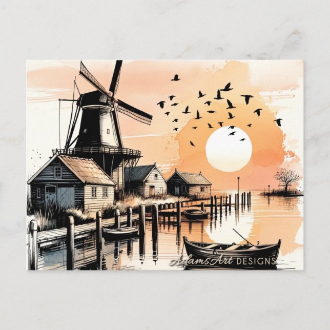 Postal Festiva Serene Windmill Sunset Harbor (Anverso)