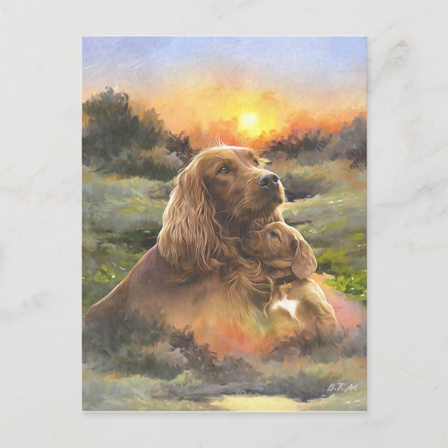 Postal Festiva Setter irlandés con cachorro (Anverso)