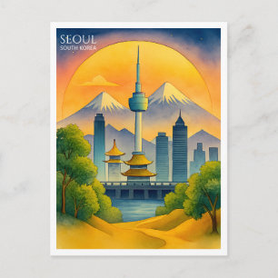 Postal Festiva Seúl Corea del Sur Acuarela Horizonte