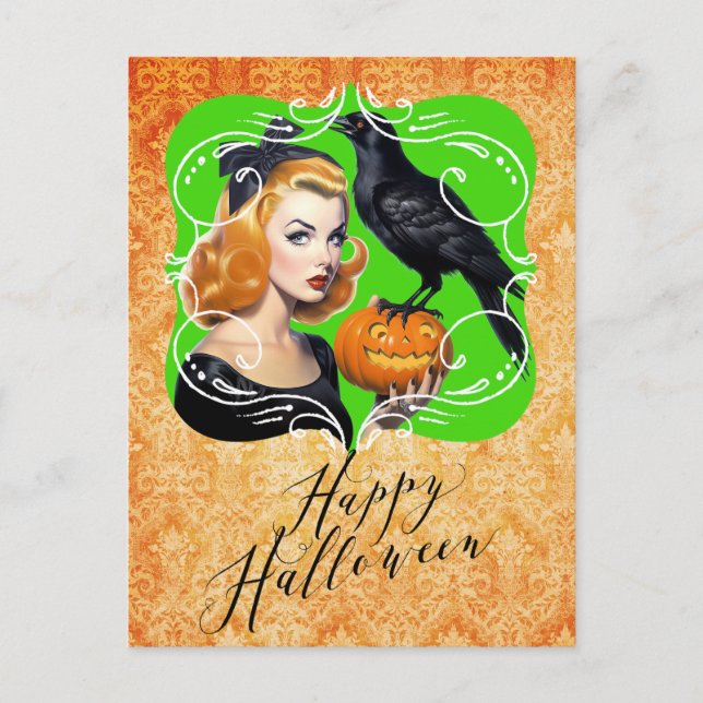 Postal Festiva Sexy Halloween Chica y Raven (Anverso)