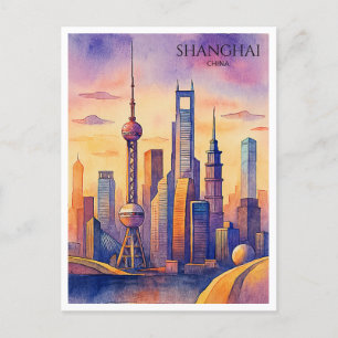 Postal Festiva Shanghái Skyline China Travel Watercolor