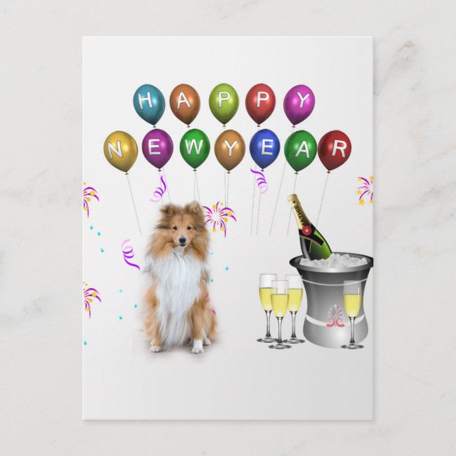 Postal Festiva Sheltie Dog Feliz Año Nuevo (Anverso)
