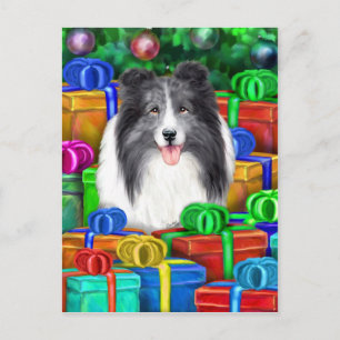 Postal Festiva Sheltie Navidades abren regalos Bi Blue