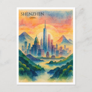 Postal Festiva Shenzhen China Watercolor Skyline Souvenir