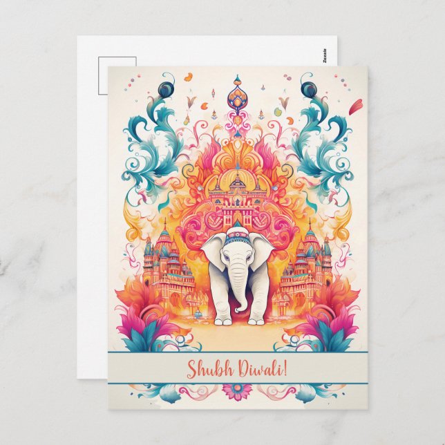 Postal Festiva 🐘 Shubh Diwali con la elegancia acuarela (Anverso / Reverso)