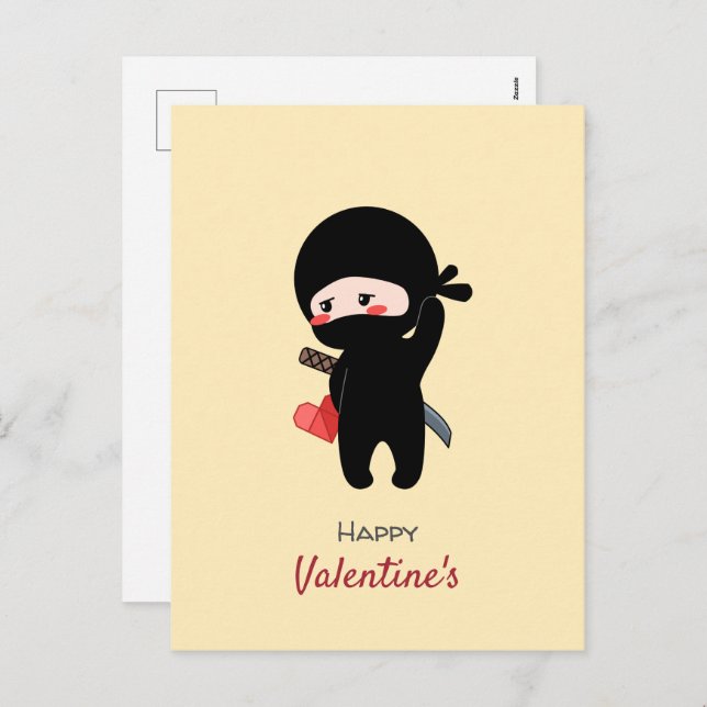 Postal Festiva Shy Blushing Ninja Holding Origami Paper Heart (Anverso / Reverso)