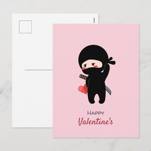 Postal Festiva Shy Blushing Ninja Holding Origami Paper Heart (Anverso / Reverso)