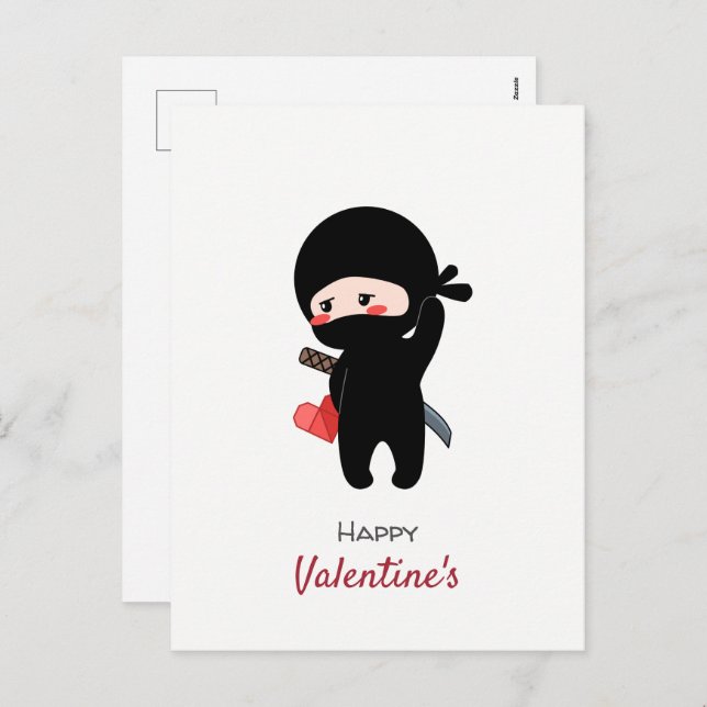 Postal Festiva Shy Blushing Ninja Holding Origami Paper Heart (Anverso / Reverso)