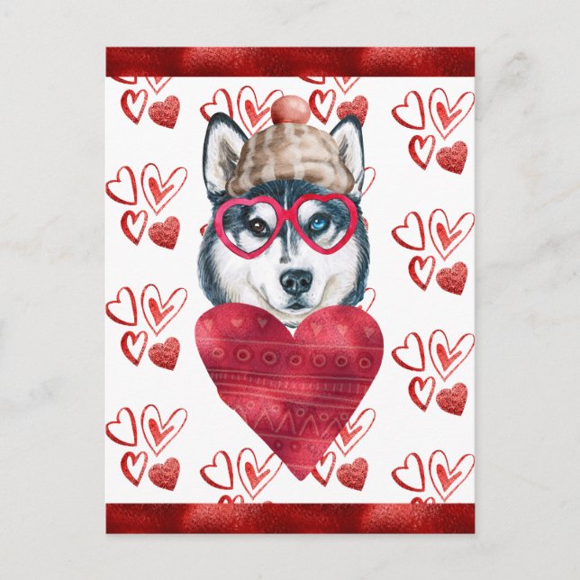 Postal Festiva Siberian Husky Hearts Perg Lover Valentine Gift (Anverso)