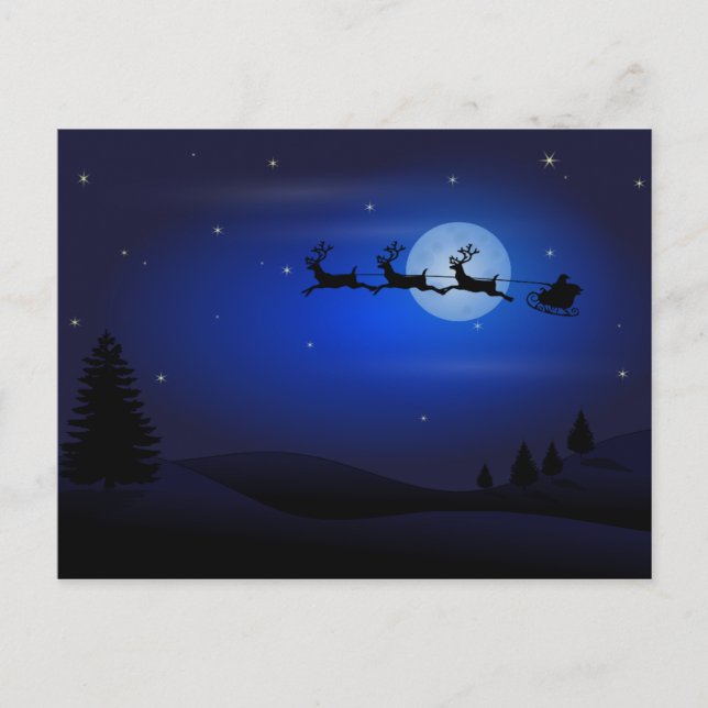 Postal Festiva Silhouette de Santa y Reindeer contra la luna llen (Anverso)