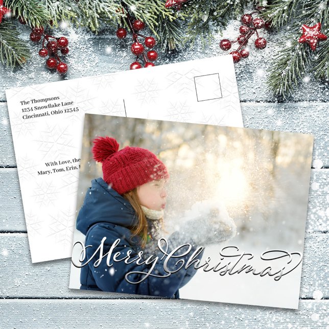 Postal Festiva Silver Script Merry Christmas Photo (Merry Christmas Holiday Photo Postcard Template)