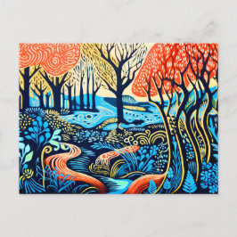 Postal Festiva Silvicultura geométrica en el invierno de Linocut