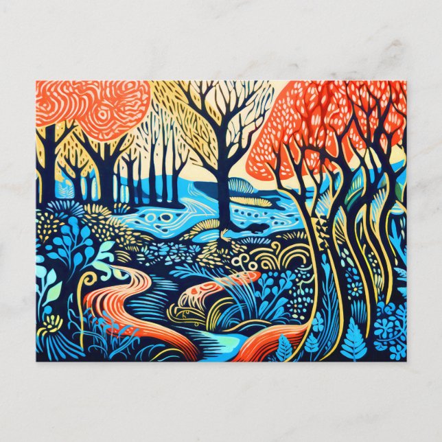 Postal Festiva Silvicultura geométrica en el invierno de Linocut (Anverso)