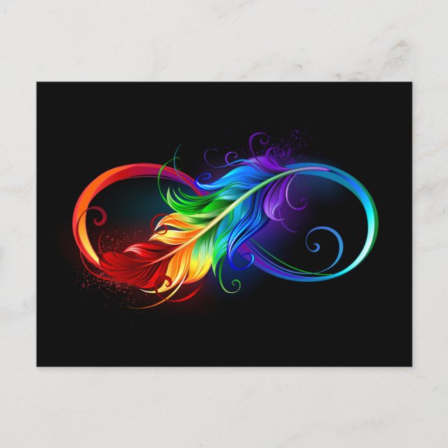 Postal Festiva Símbolo infinito con plumas arcoiris (Anverso)