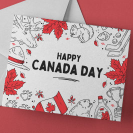 Postal Festiva Símbolos festivos de Canadá en rojo y blanco ilust