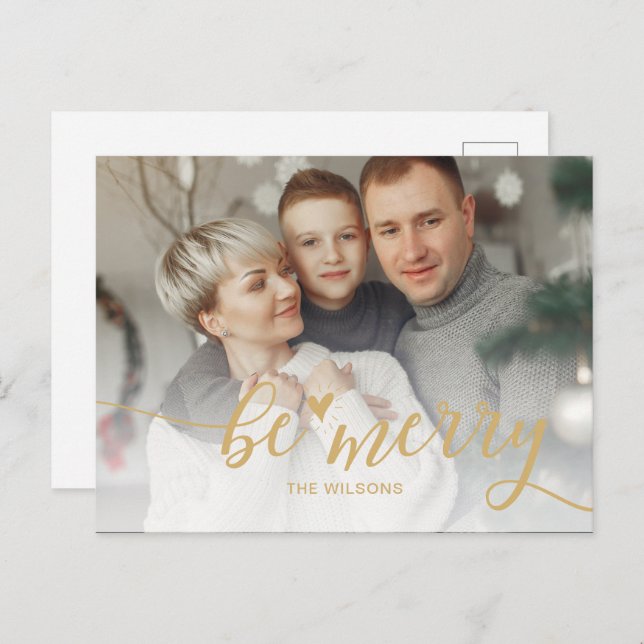 Postal Festiva Simple Be Merry Heart Cute Script Gold Photo (Anverso / Reverso)