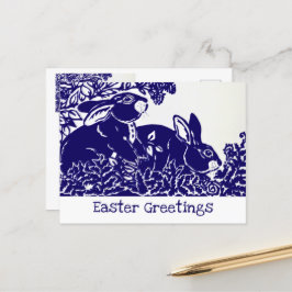 Postal Festiva Simple Conejo de Pascua Azul Tejido Blanco Mínimo