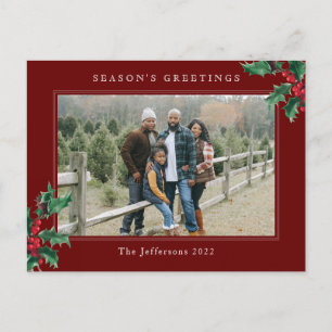 Postal Festiva Simple Holly Berry Personalizado Foto Navidades ro