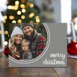 Postal Festiva Simple Merry Christmas Photo Polka Dot Border<br><div class="desc">A farmhouse grey with a circle photo frame. Use a horizontal photo for this design. PHOTO TIP: If you upload your pictures and they don't fit, click on the CUSTOMIZE THIS button. It might take a little patience, but you can move and resize your photo. You can also change and...</div>