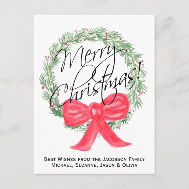 Postal Festiva Simple Merry Christmas Watercolor Wreath (Anverso)