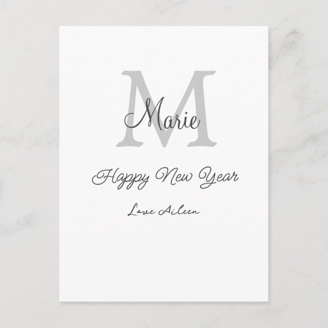 Postal Festiva simple minimal happy new year monogram gray name  (Anverso)