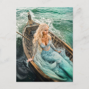 Postal Festiva Sirena en barca sobre olas de mar tormentoso