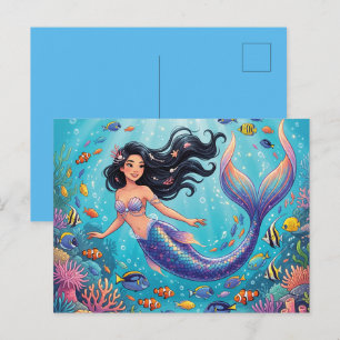 Postal Festiva Sirena Hermosa Dibujo Animado bajo el Mar