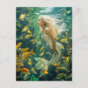 Postal Festiva Sirena nadando entre cardumen de peces amarillos
