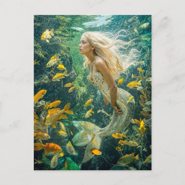 Postal Festiva Sirena Nadando Entre La Escuela De Pescado Amarill (Anverso)
